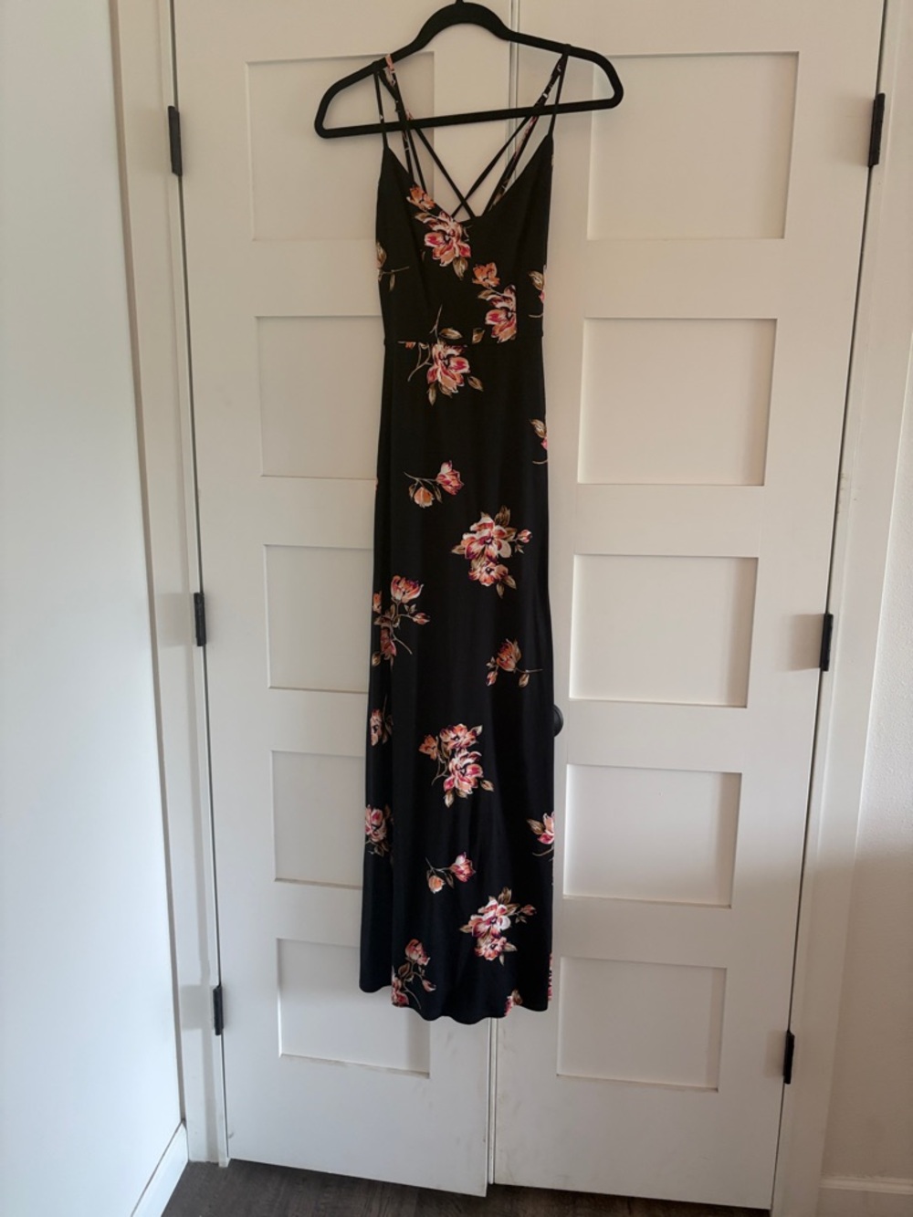 nine britton Black Maxi Dress with Pink Floral Print and Strappy Back